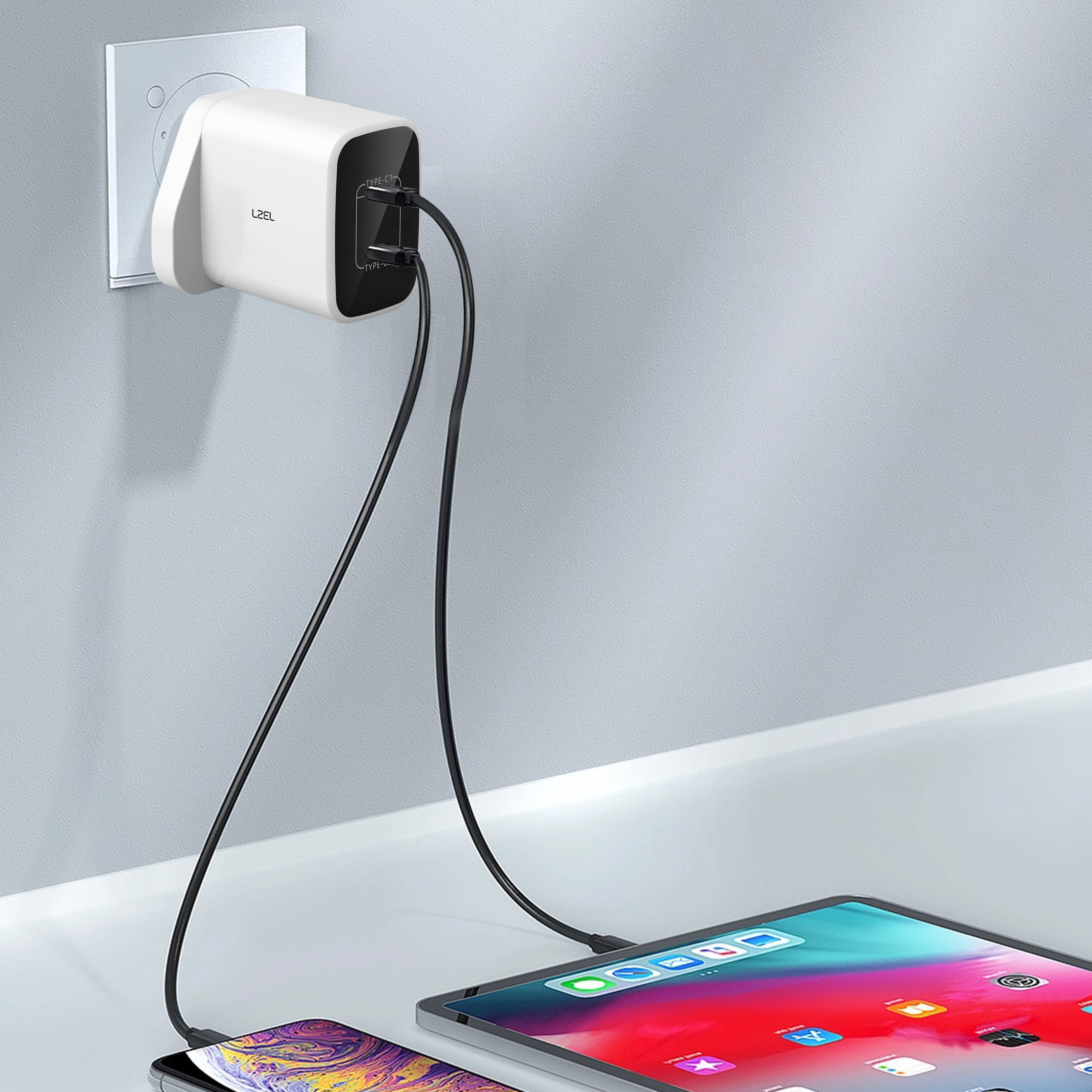 شاحن حائط فائق السرعة من ليزل بقوة 45 واط بمنفذين USB بتقنية GaN | أبيض شاحن حائط فائق السرعة من ليزل بقوة 45 واط بمنفذين USB بتقنية GaN | أبيض